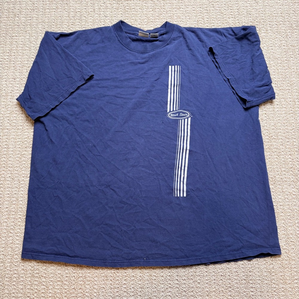 Vintage MJ Soffe Utah State Aggies T Shirt Navy Blue 2XL Made in USA Distressed